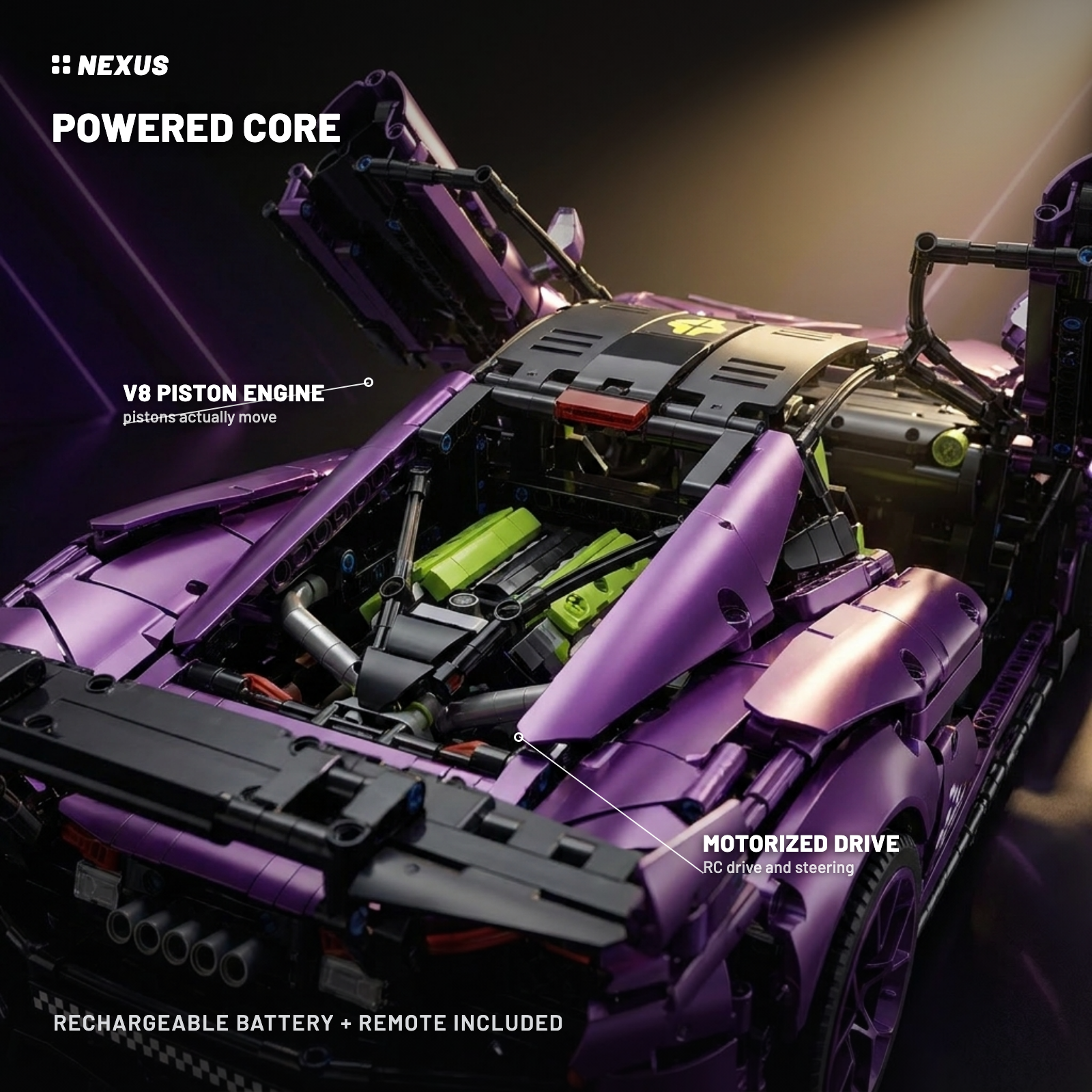 Powered core, V8 piston engine and RC drive