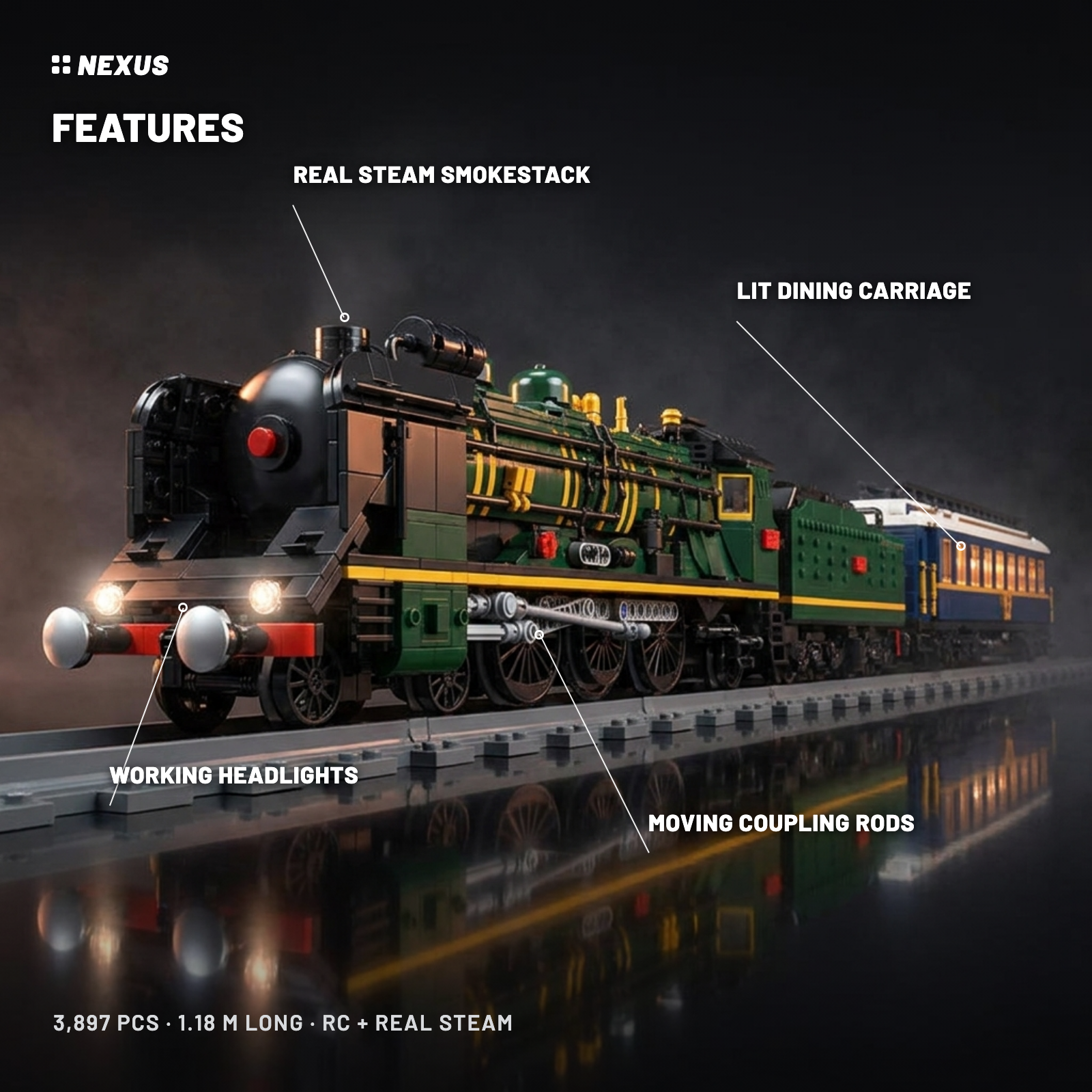Orient Express Locomotive features: real steam smokestack, working headlights, moving coupling rods, lit dining carriage