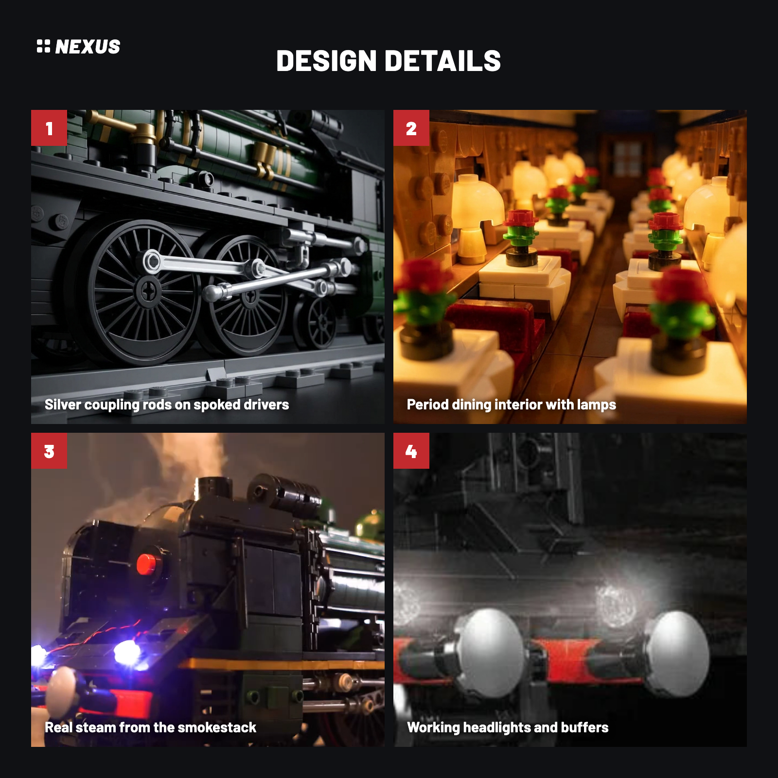 Orient Express Locomotive design details: coupling rods, dining interior, real steam, headlights