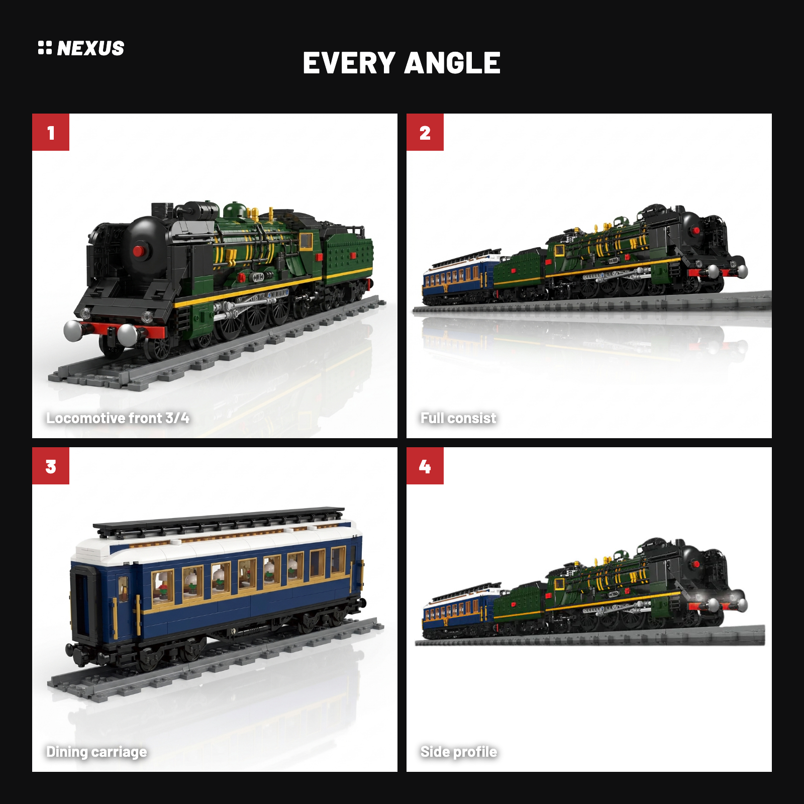 Orient Express Locomotive every angle: locomotive front, full consist, dining carriage, side profile