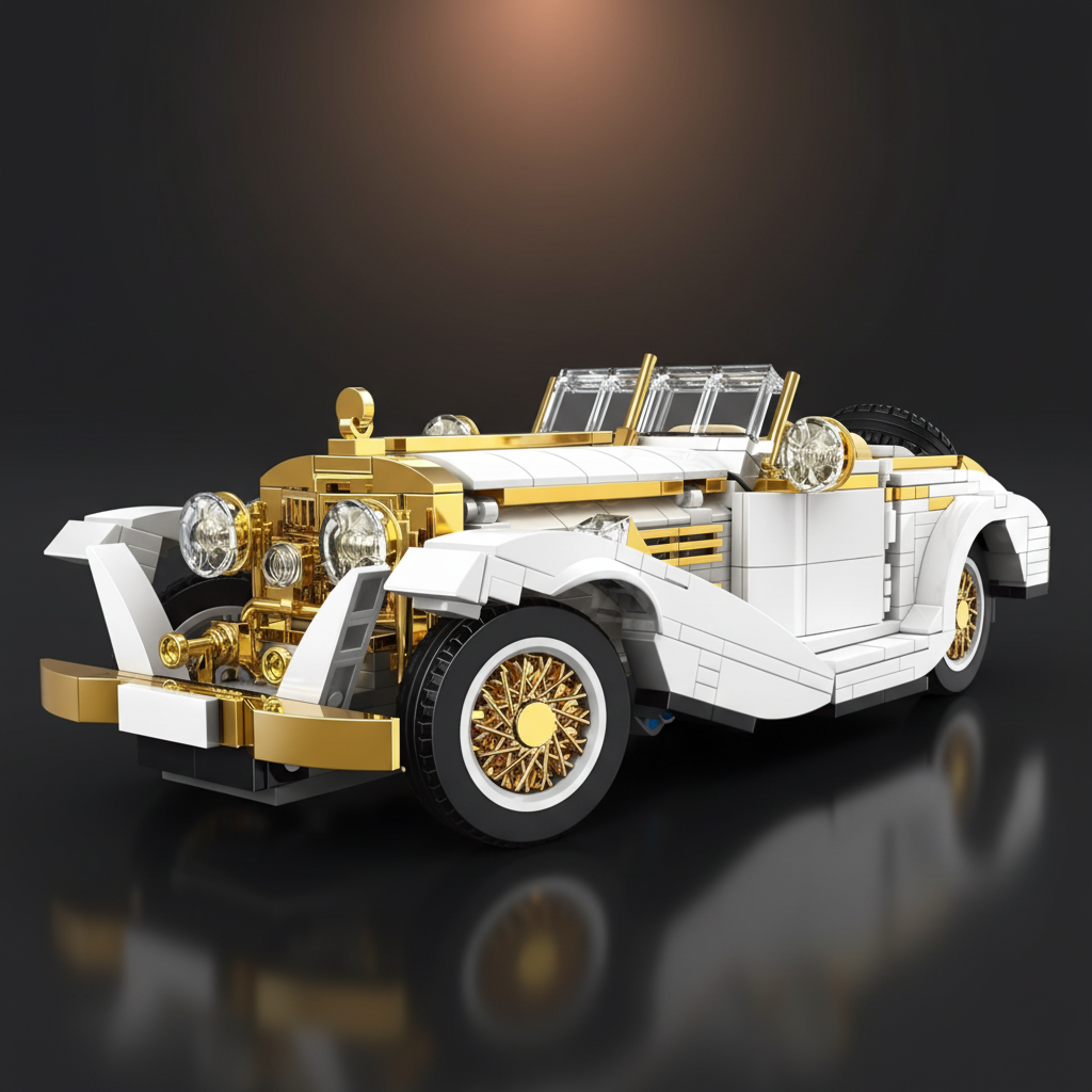1920s British Luxury Coupe brick set, cinematic dark display view