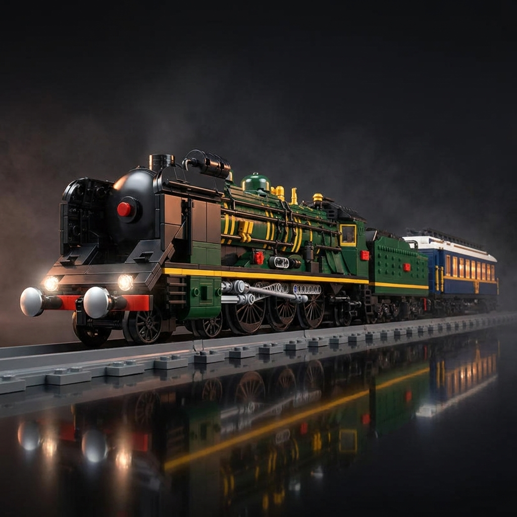 Orient Express Locomotive luxury steam train building set, dark studio display with lit headlights