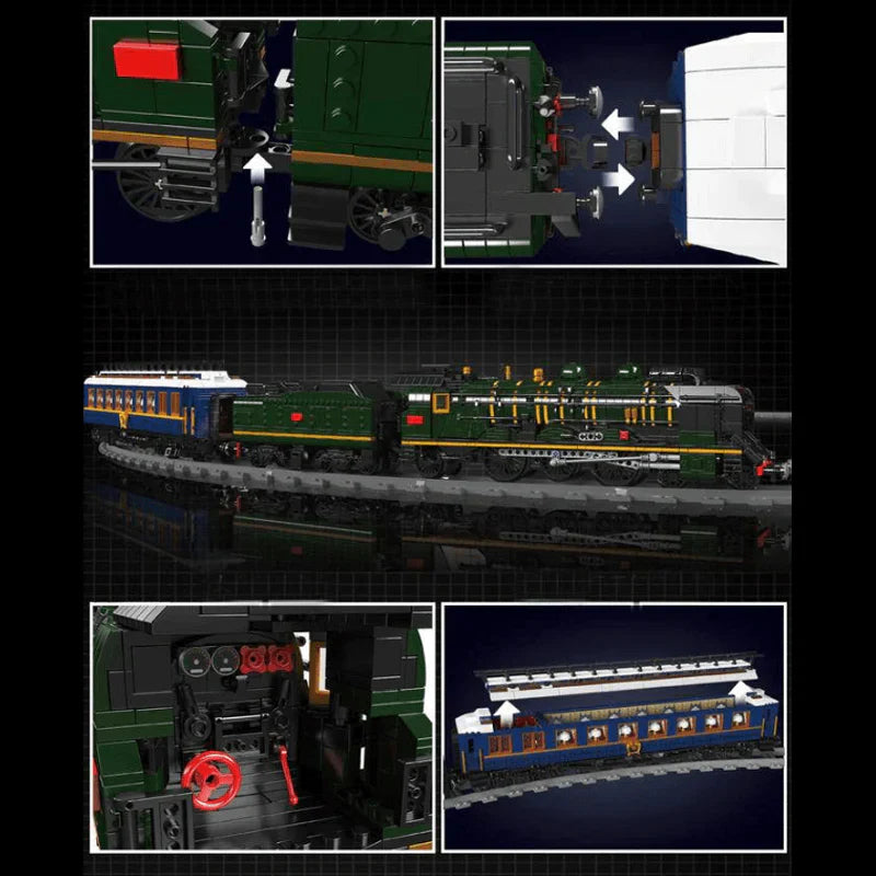 Orient Express Locomotive luxury steam train building set, four-panel detail collage with full layout