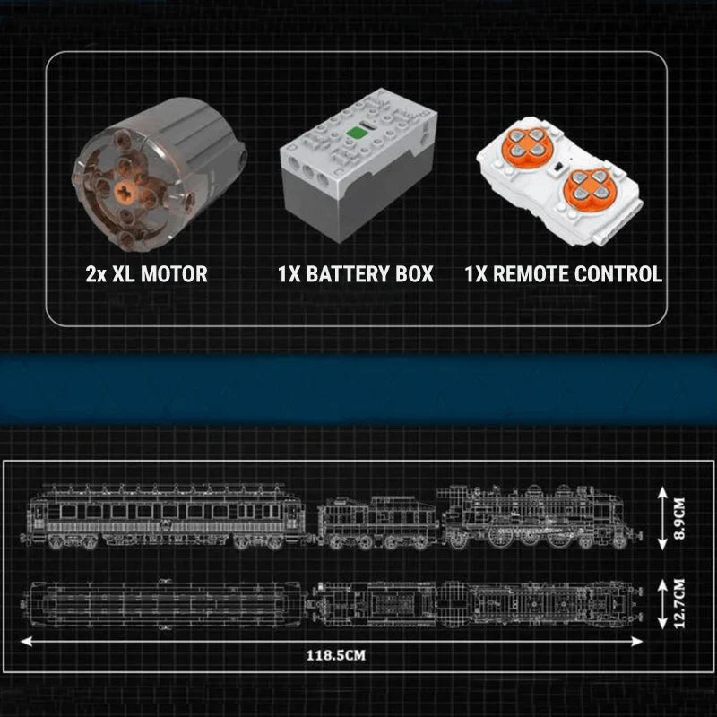 Orient Express Locomotive luxury steam train building set, included components: motors, battery box, remote control, dimensions diagram
