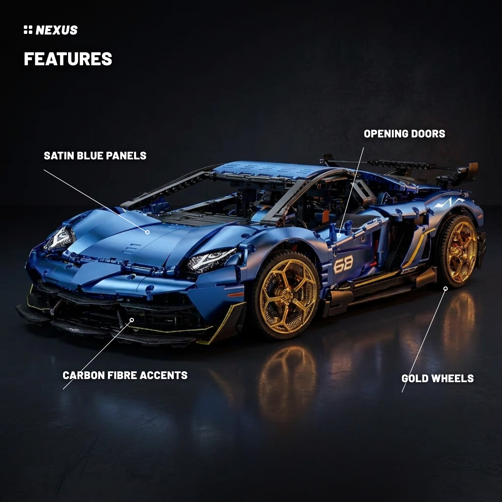 Feature callouts: satin blue panels, opening doors, gold wheels, carbon fibre accents
