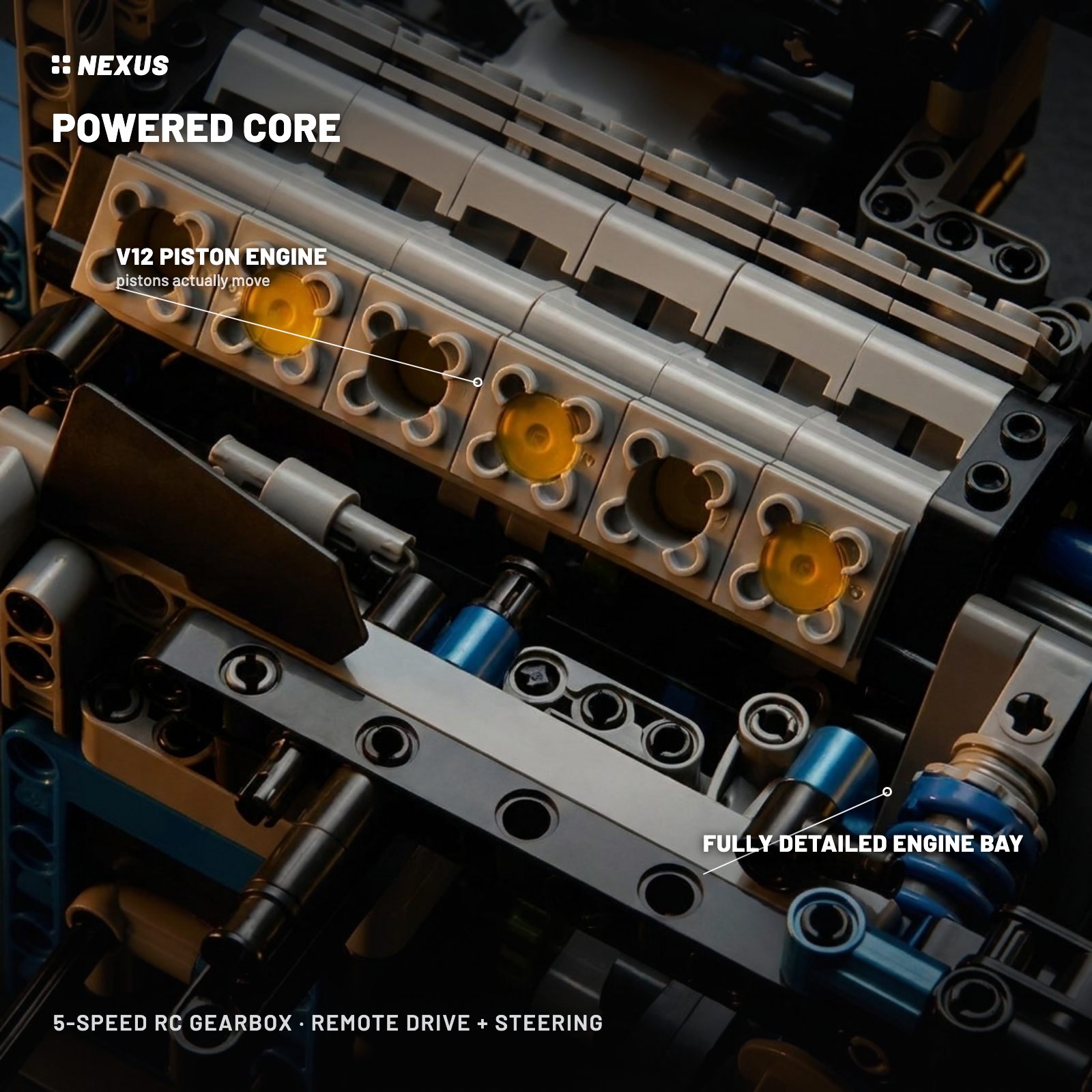 Powered core: V12 piston engine, 5-speed RC gearbox, remote drive and steering