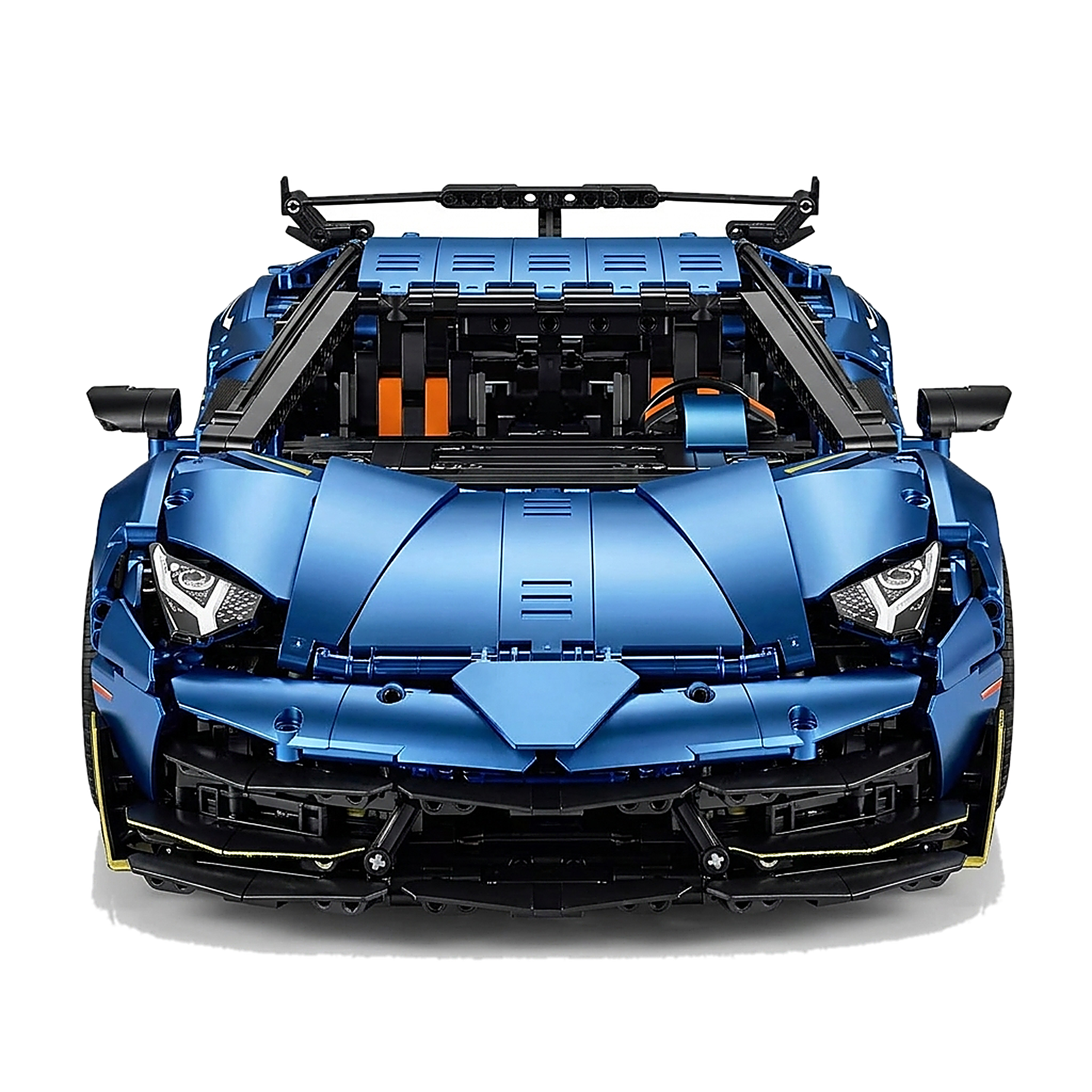 Head-on studio view, satin blue 1:8 V12 hypercar brick model