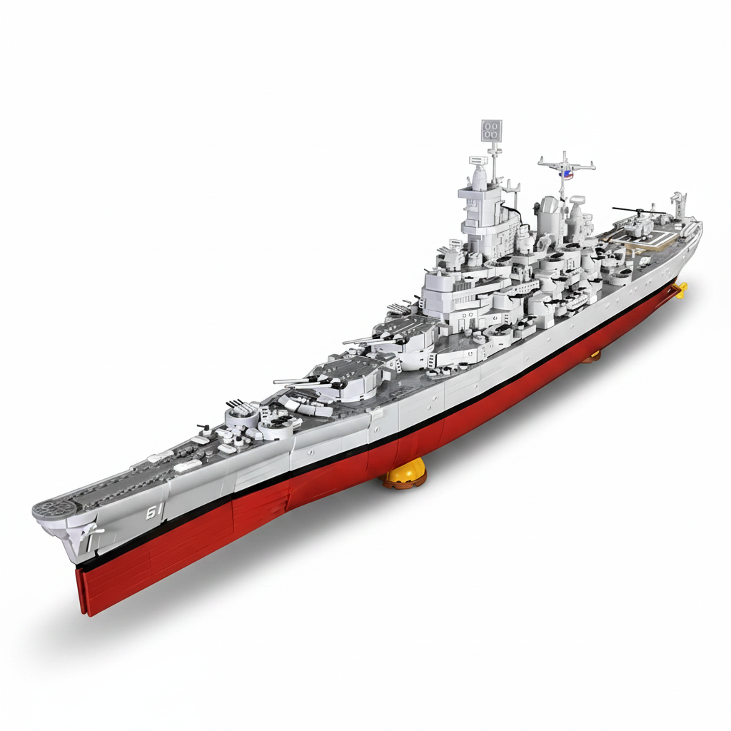 USS Iowa BB-61 Battleship brick set, hero bow three-quarter view