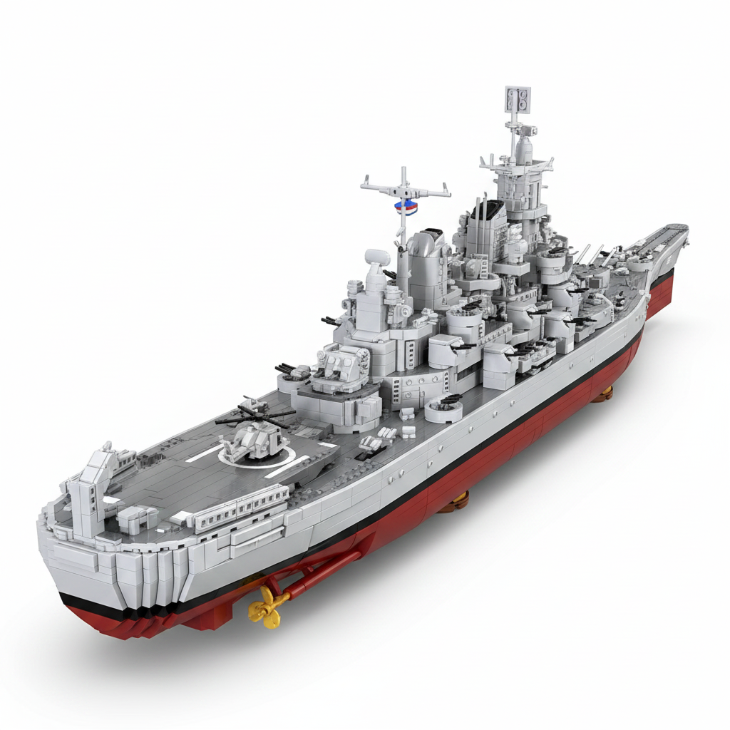 USS Iowa BB-61 Battleship brick set, stern three-quarter view