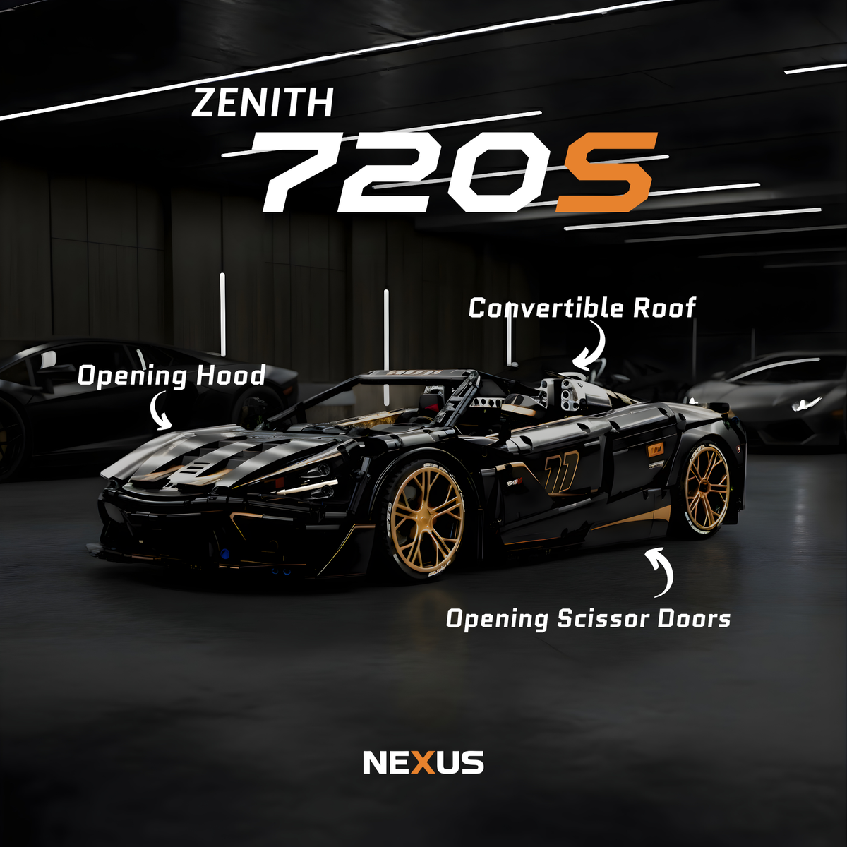 Zenith 720S front three-quarter view showing the opening hood, convertible roof and opening scissor doors