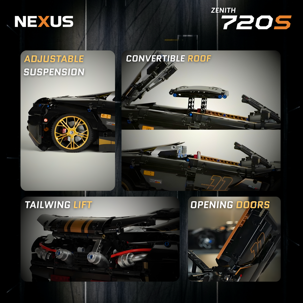 Zenith 720S working functions: adjustable suspension, convertible roof, rear wing lift and opening doors