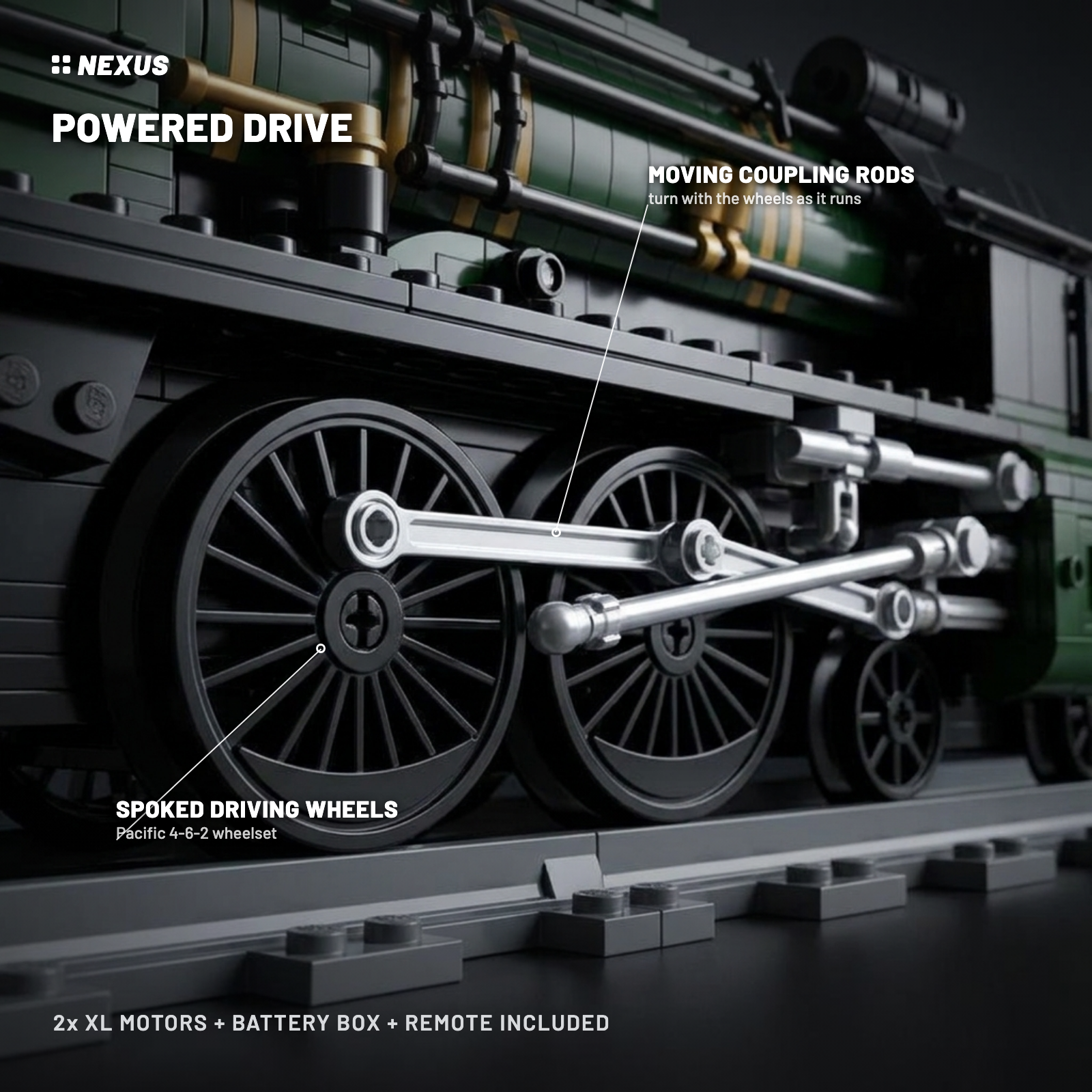 Orient Express Locomotive powered drive: Pacific 4-6-2 wheelset, 2x XL motors, battery box, remote control