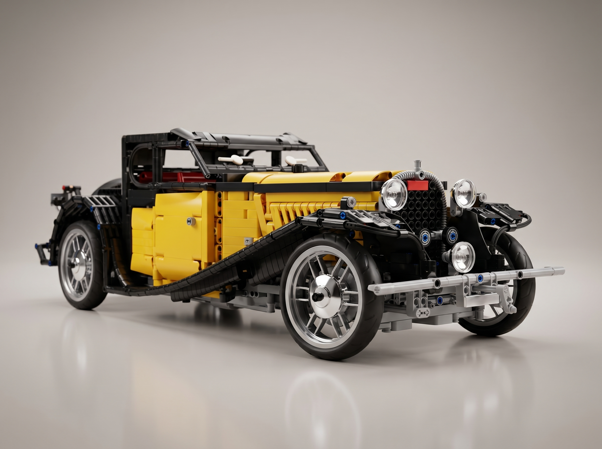1930s French Grand Tourer brick model, three-quarter view showing classic body lines, vintage spoked wheels and chrome accents