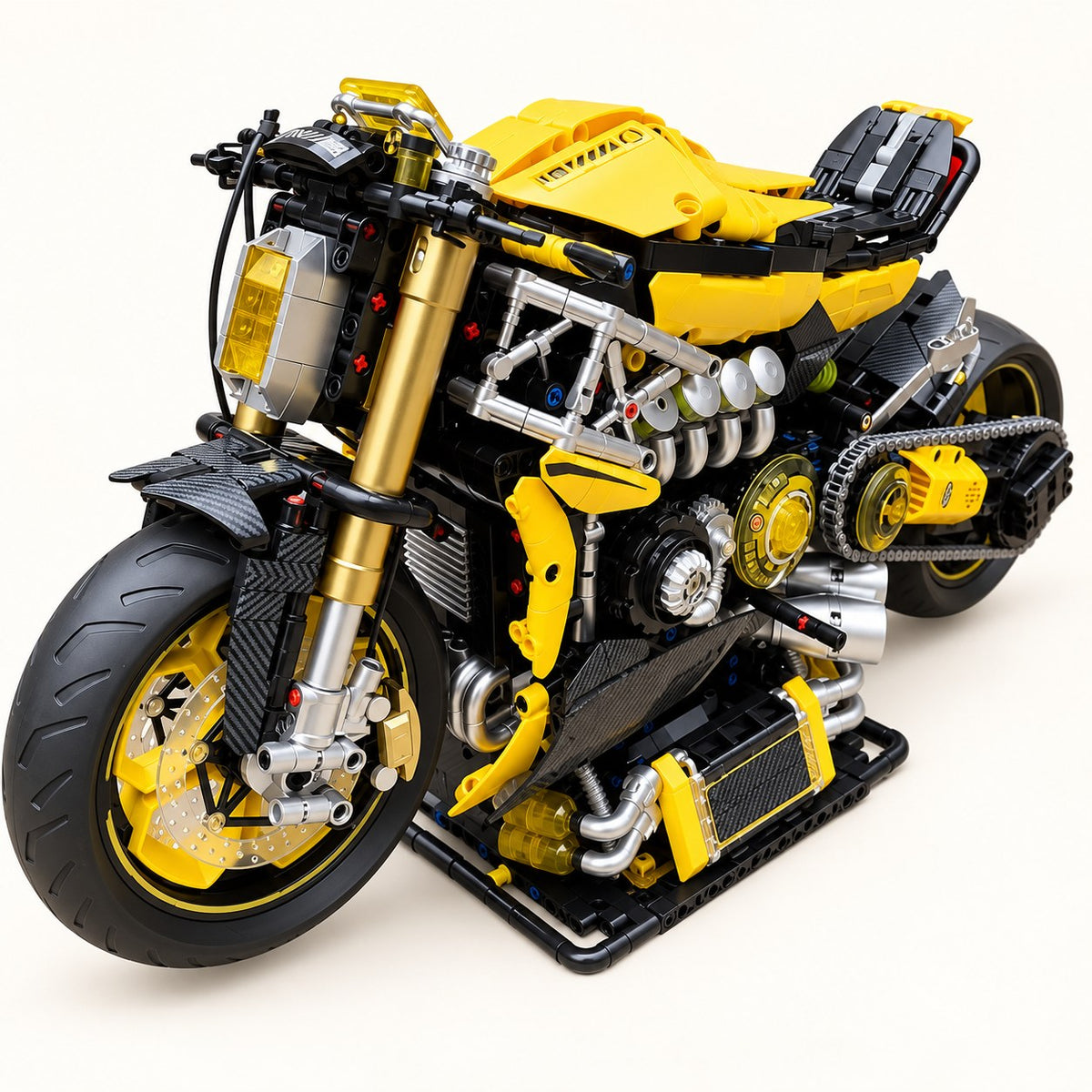 Cybertuned 1:5 scale motorbike build set, front three-quarter view