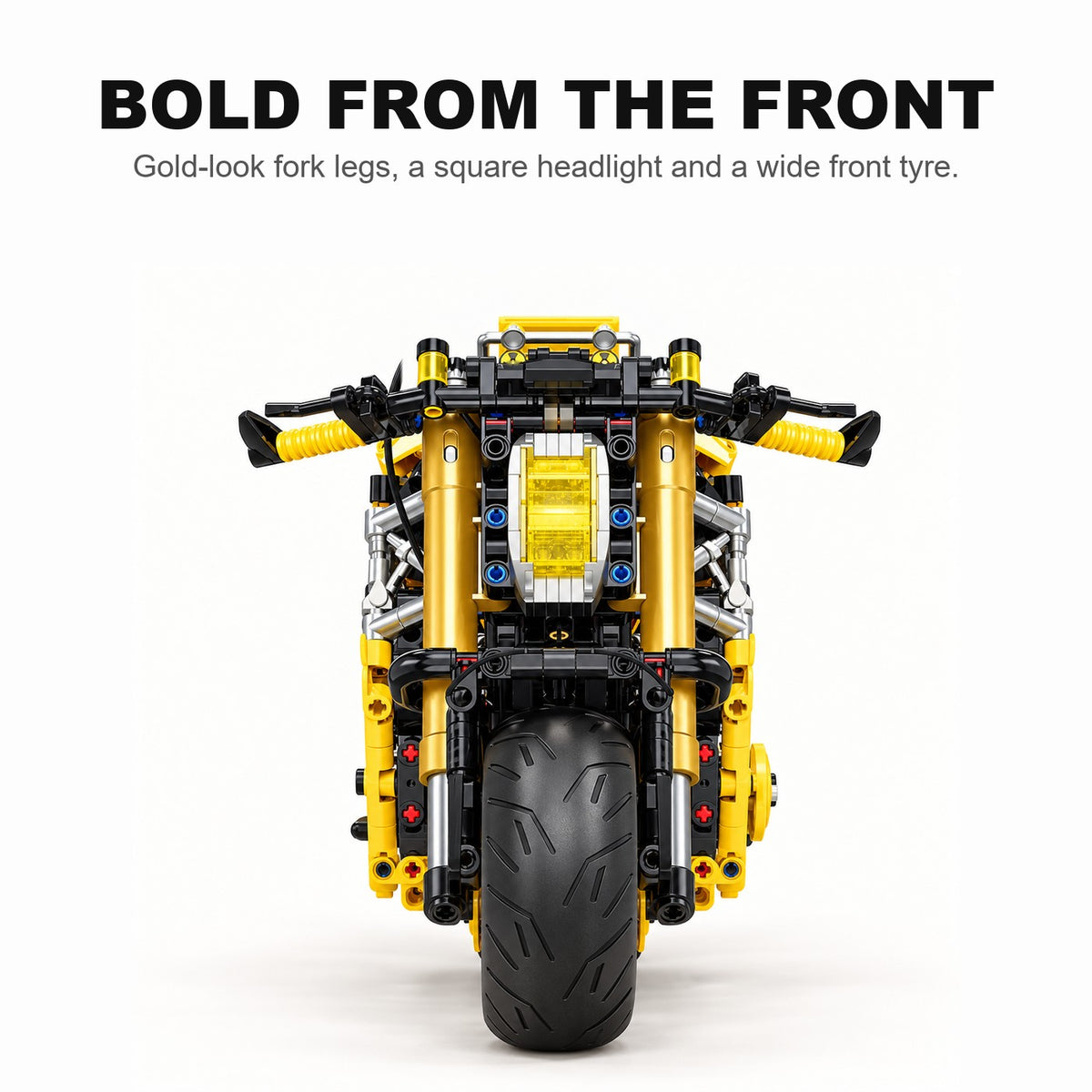 Head-on view with gold-look fork legs, square headlight and wide front tyre