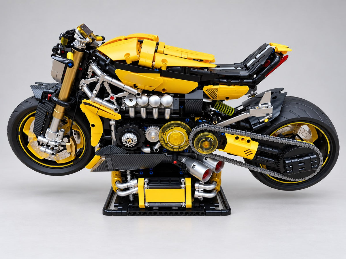 Cybertuned motorbike build set in side profile on its display base