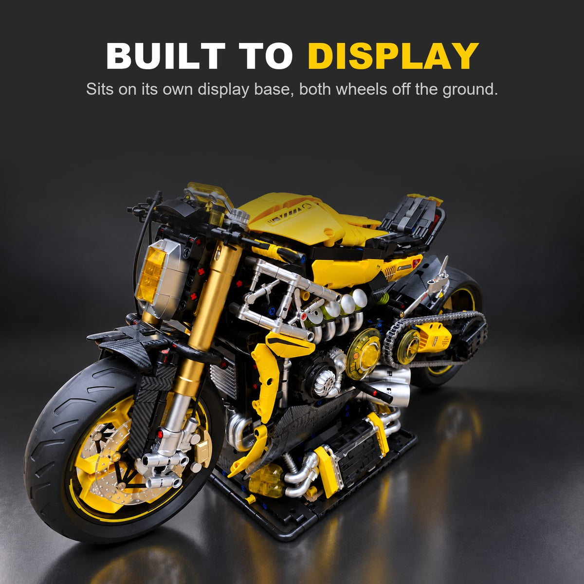 Cybertuned motorbike build on its own display base, both wheels off the ground