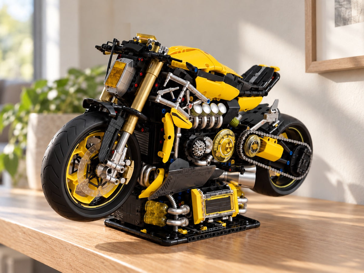 The motorbike on its display base on a wooden shelf