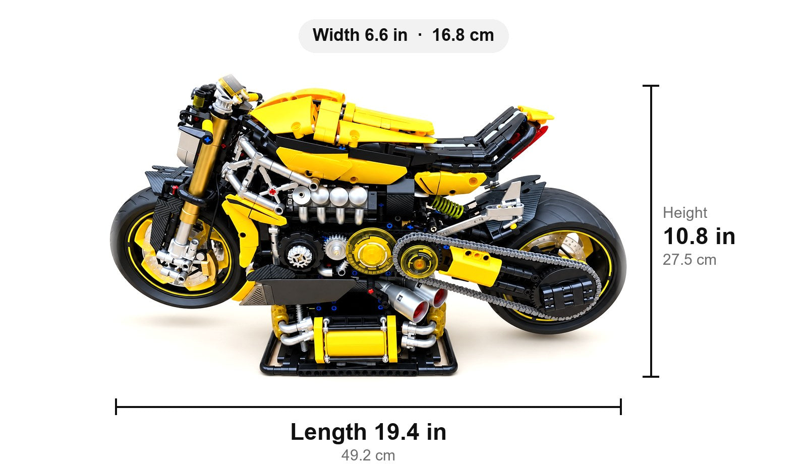 Side view with dimensions: 19.4 in (49.2 cm) long, 10.8 in (27.5 cm) tall, 6.6 in (16.8 cm) wide