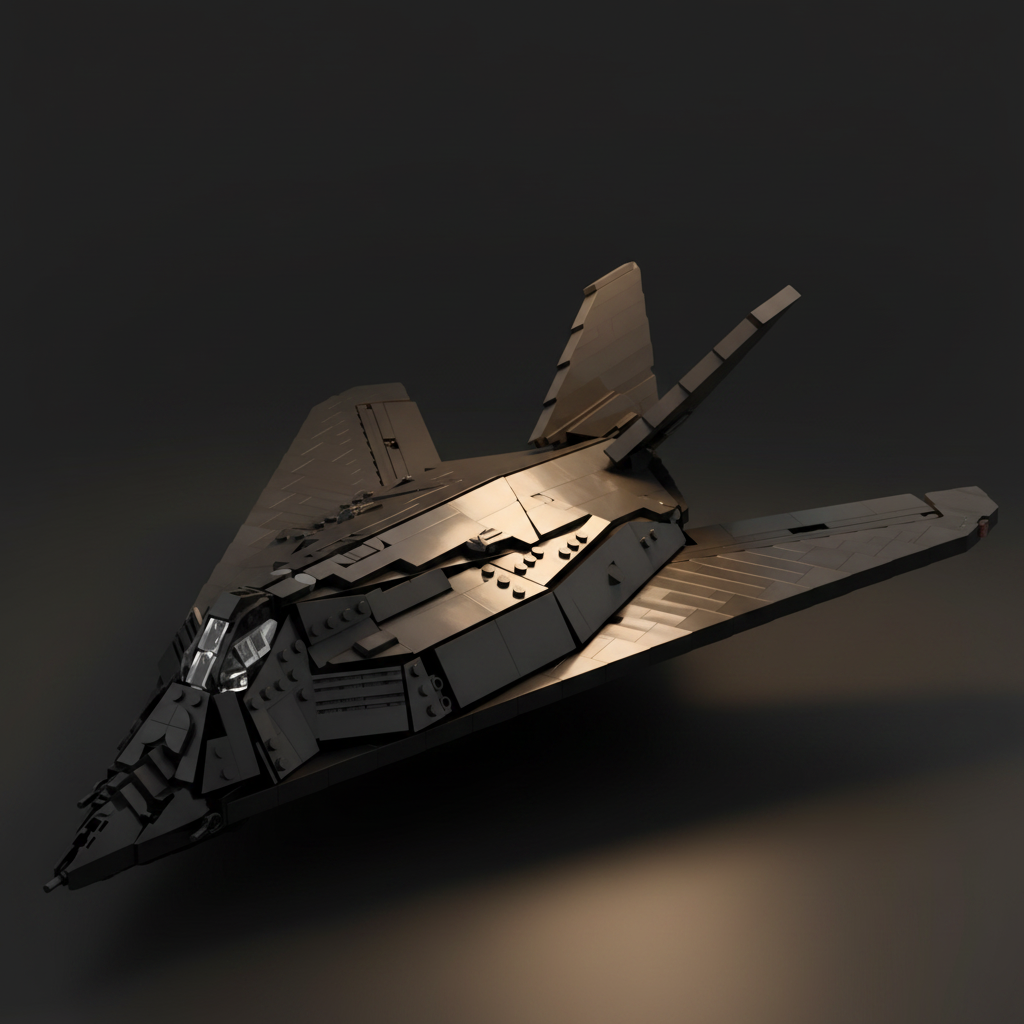 F-117 Nighthawk brick set, cinematic dark display view