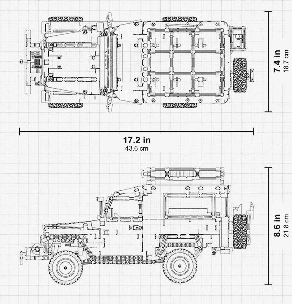 Top and side line drawing: 17.2 in (43.6 cm) long, 7.4 in (18.7 cm) wide, 8.6 in (21.8 cm) tall