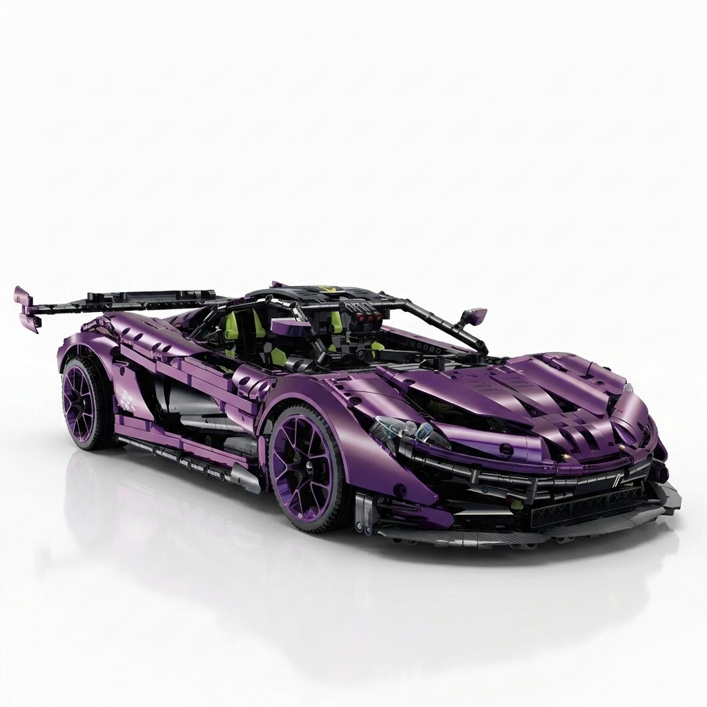 Satin Purple P1 GTR 1:8 brick model, front three-quarter studio view