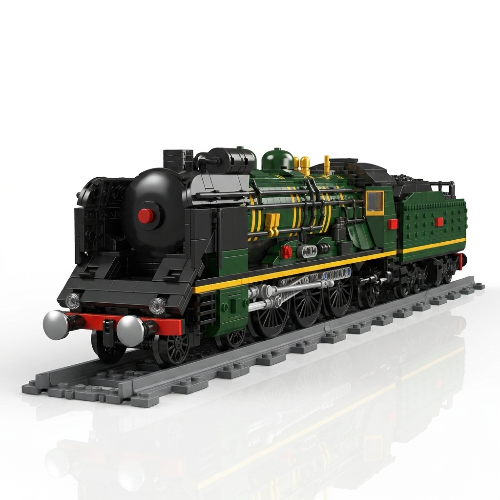 Orient Express Locomotive brick model, white studio hero, locomotive and tender front three-quarter