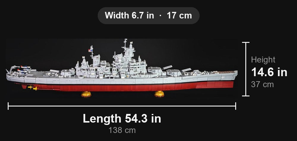 Side view: 54.3 in (138 cm) long, 14.6 in (37 cm) tall, 6.7 in (17 cm) wide