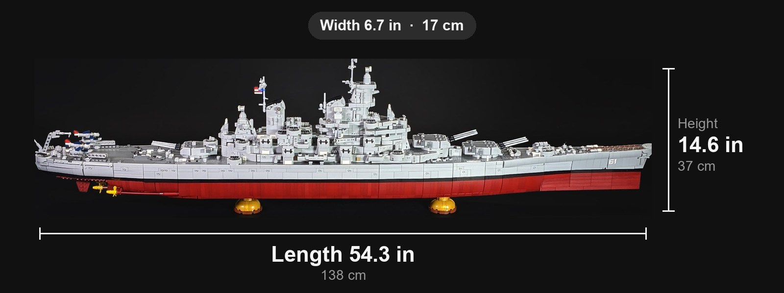 Side view: 54.3 in (138 cm) long, 14.6 in (37 cm) tall, 6.7 in (17 cm) wide