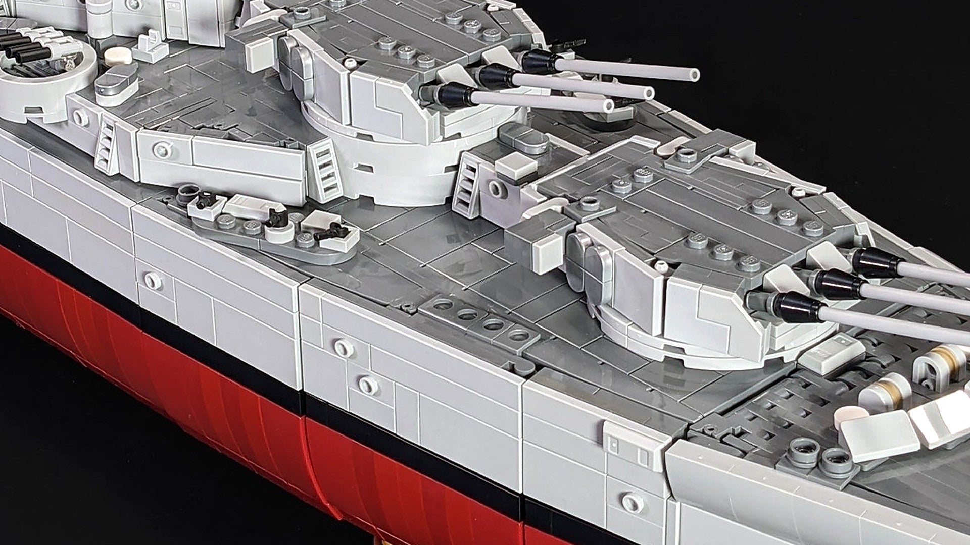 Close-up of the two forward triple 16-inch gun turrets