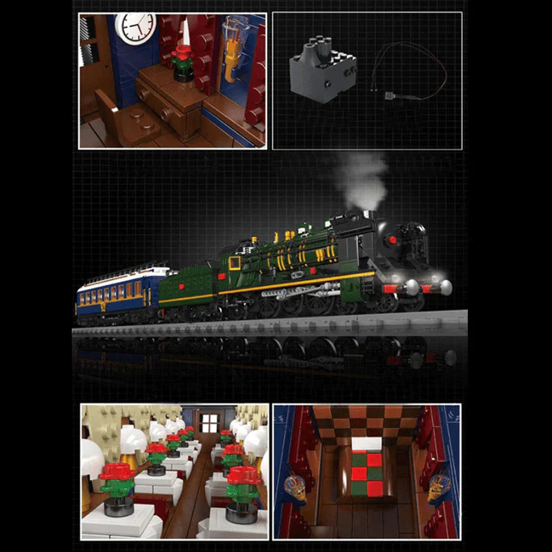 Orient Express Locomotive luxury steam train building set, station scene with full layout and interior detail