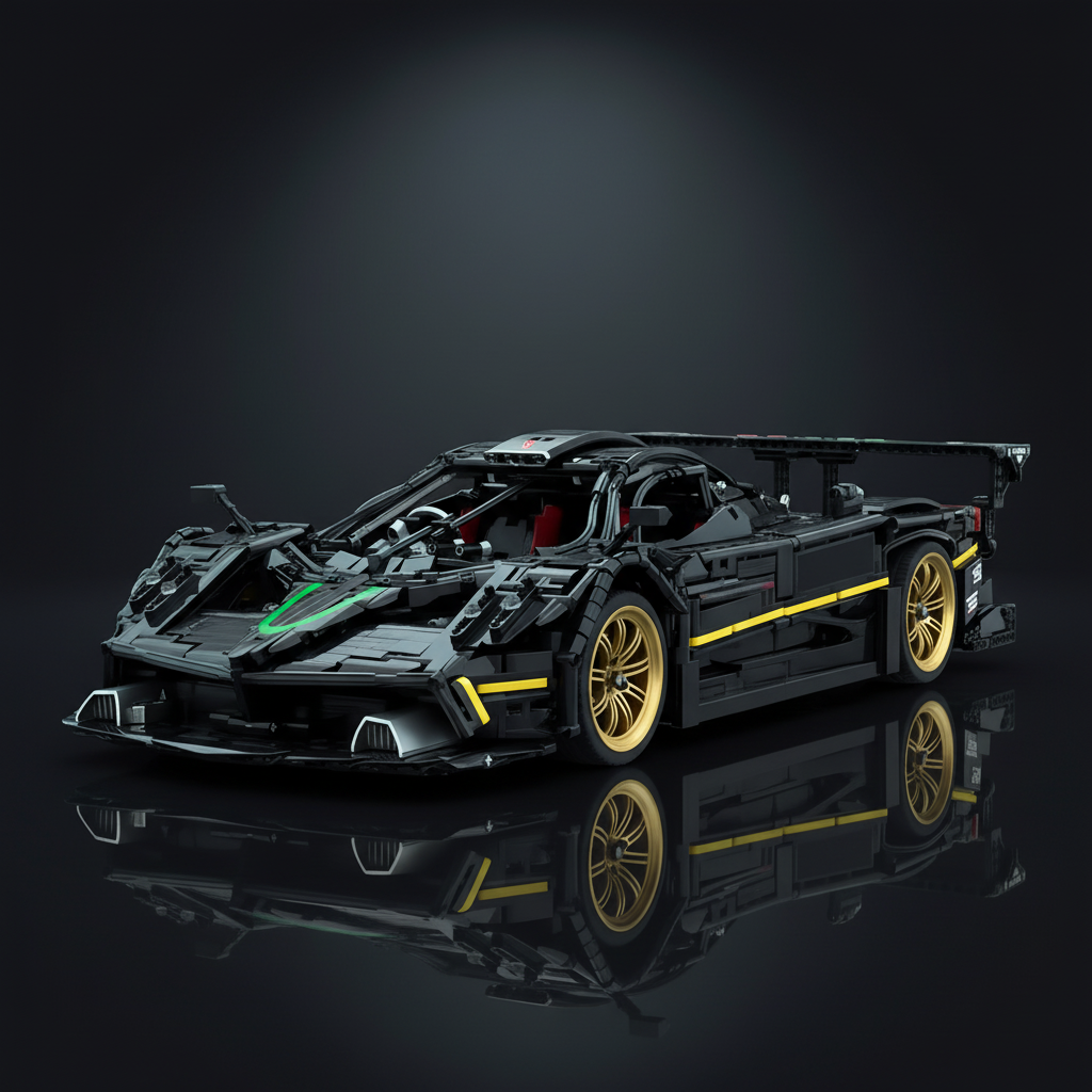 Pagani Zonda R 1:8 scale brick set, cinematic dark display view