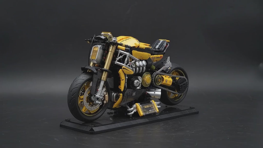 Cybertuned motorbike build set turning slowly on its display base