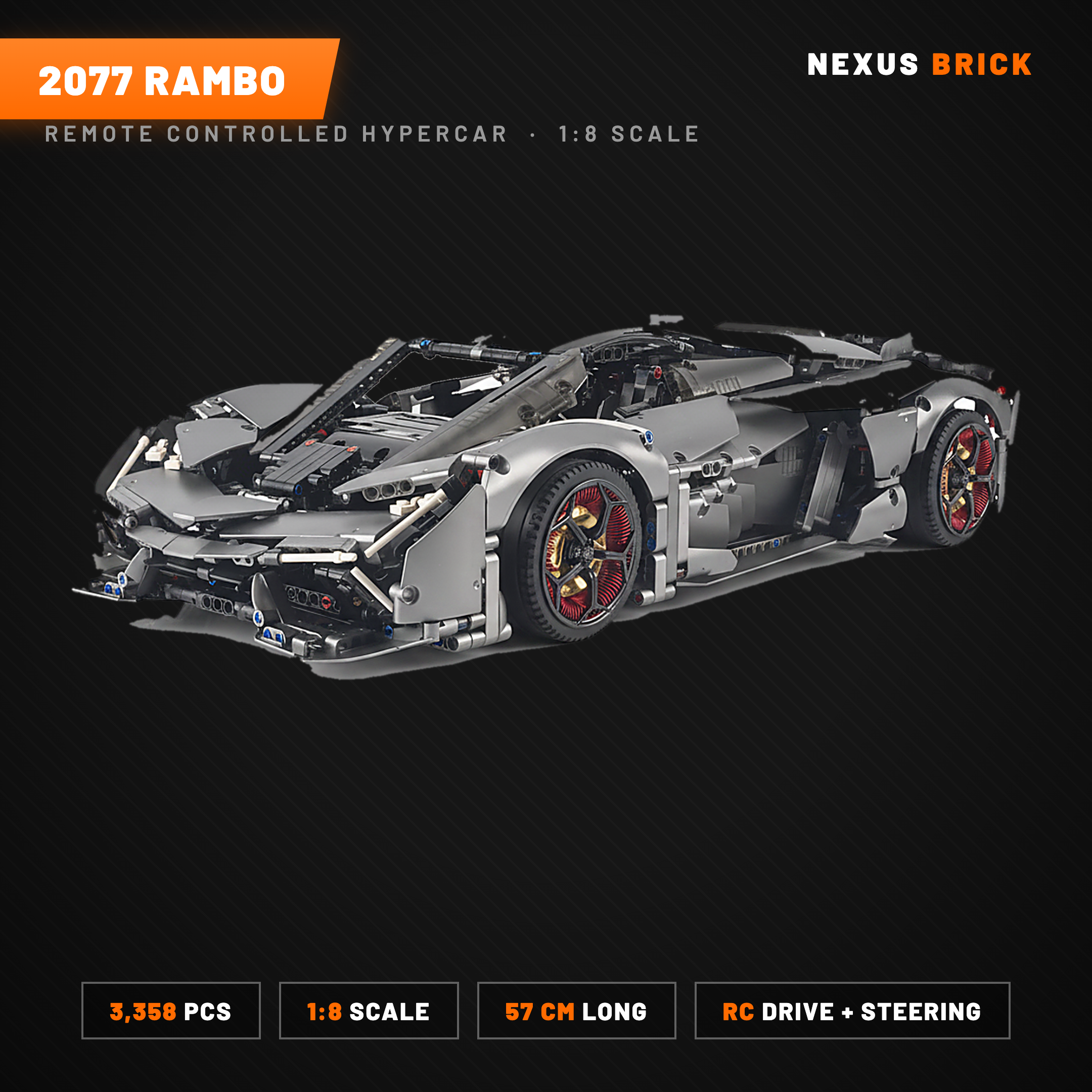 Remote Controlled 2077 Rambo 1:8 brick hypercar - specs