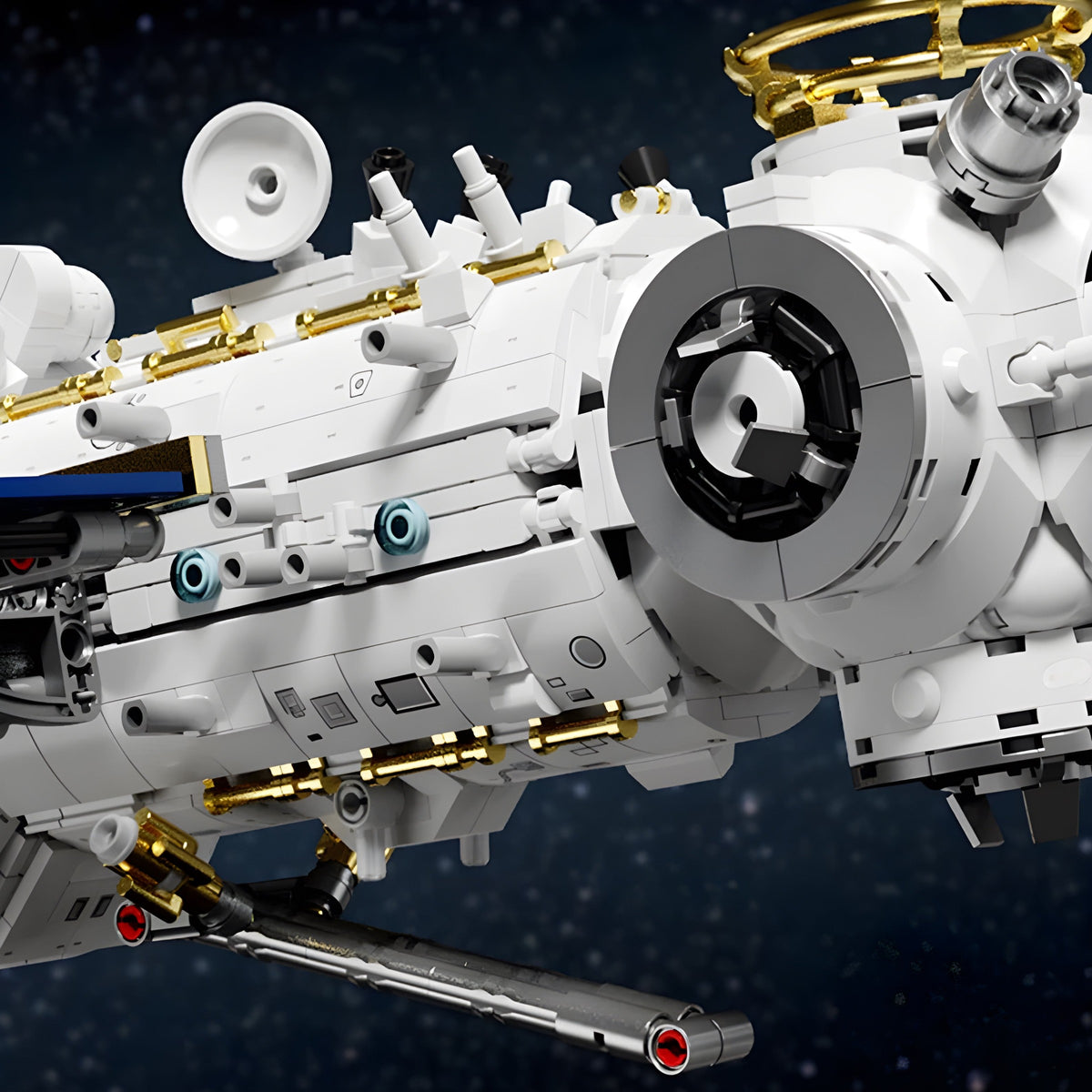 Docking hub and robotic arm of the space station model, close up