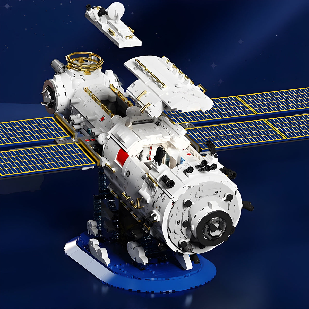 Space station with a hull panel lifted off