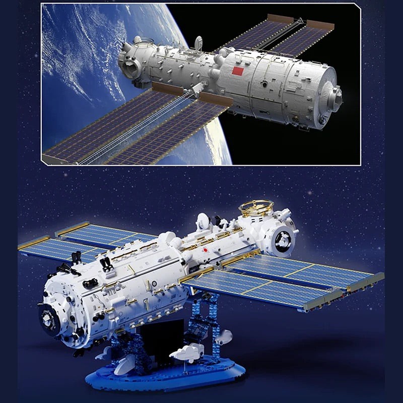 The real core module in orbit above the brick model on its stand