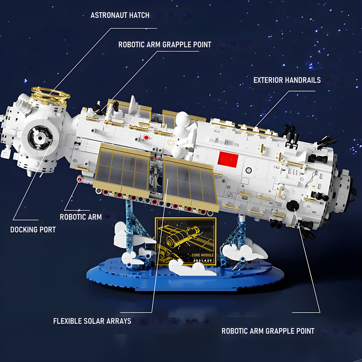 Space station build set in side view with labelled docking port, robotic arm and solar arrays