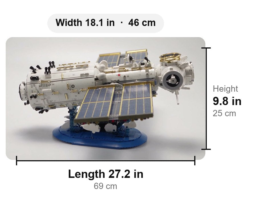 Side view: 27.2 in (69 cm) long, 9.8 in (25 cm) tall, 18.1 in (46 cm) wide
