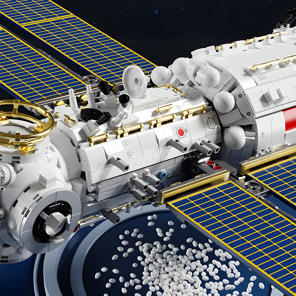 Solar array and node module of the space station model, close up
