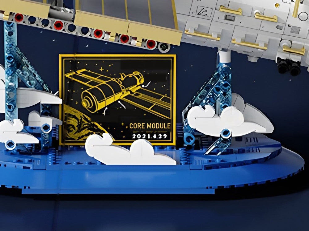 Angled display stand with clouds and the launch-date plaque
