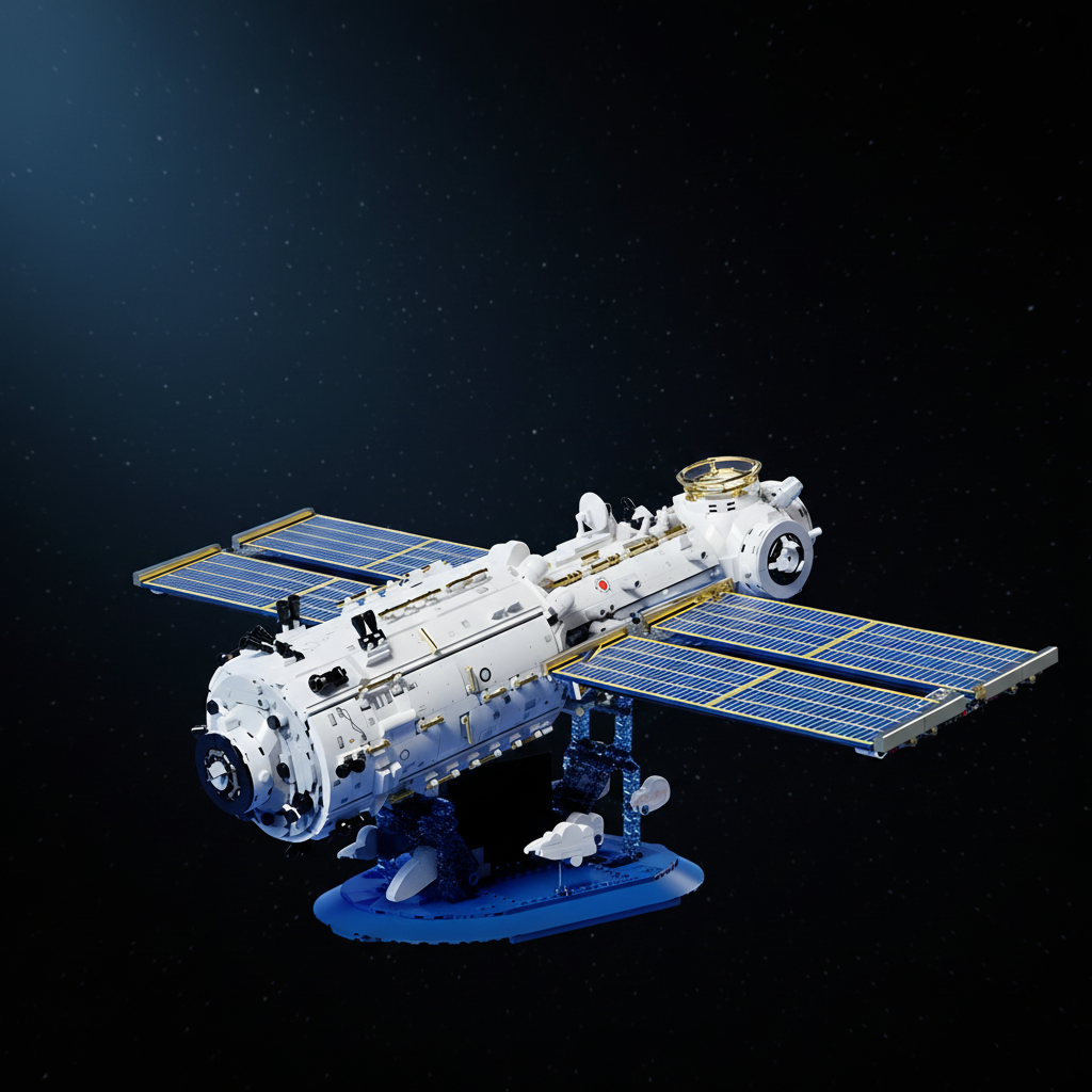 Space Station Core Module brick set, cinematic dark display view