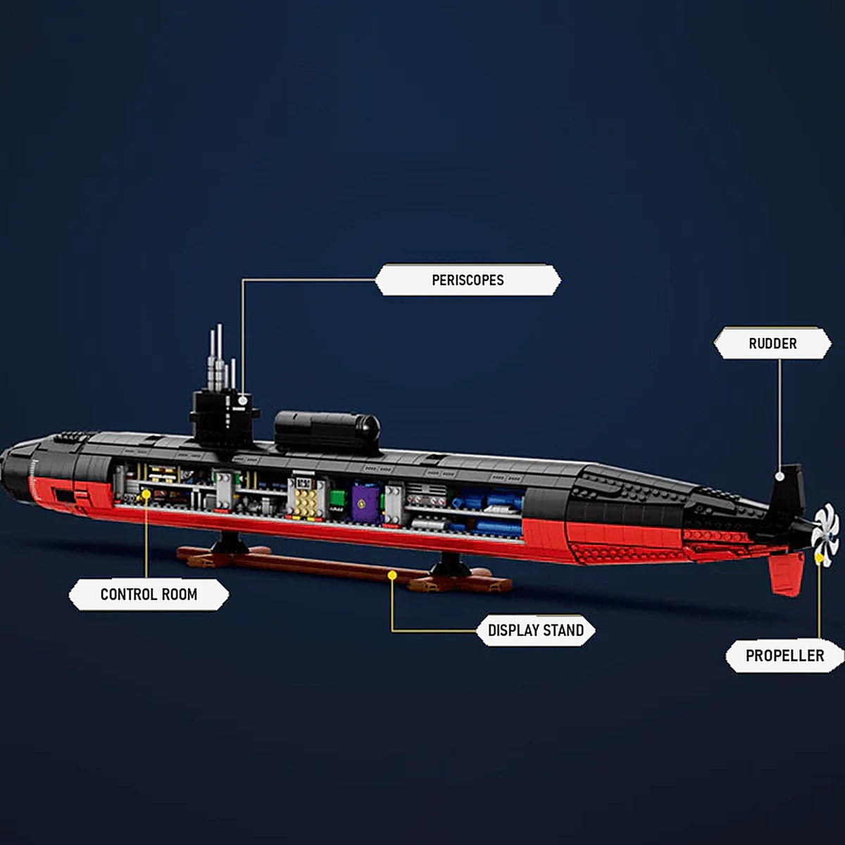 Submarine with a hull side removed, labelled periscopes, rudder, control room, display stand and propeller