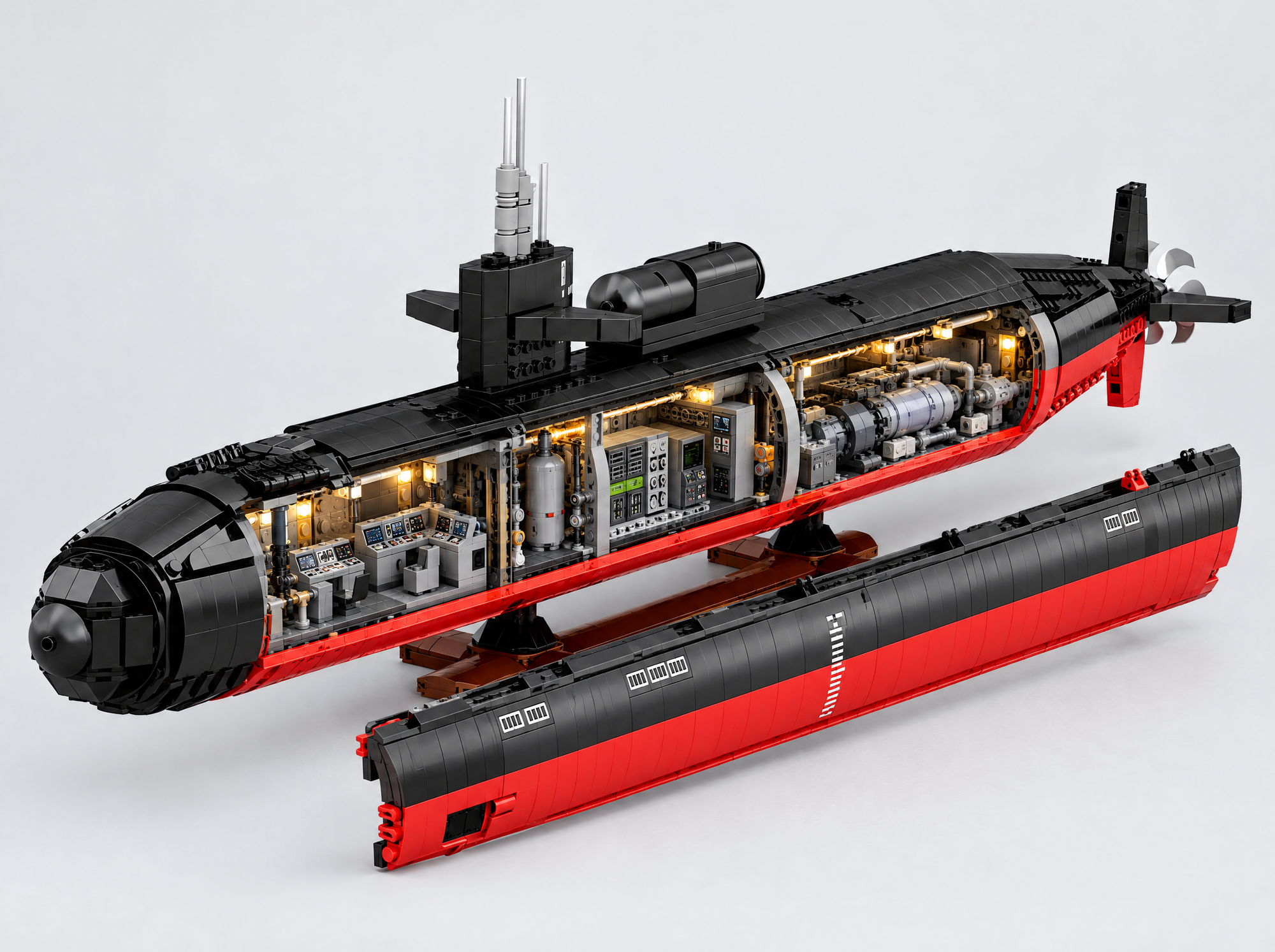 Model submarine with one side panel lifted off, showing the interior