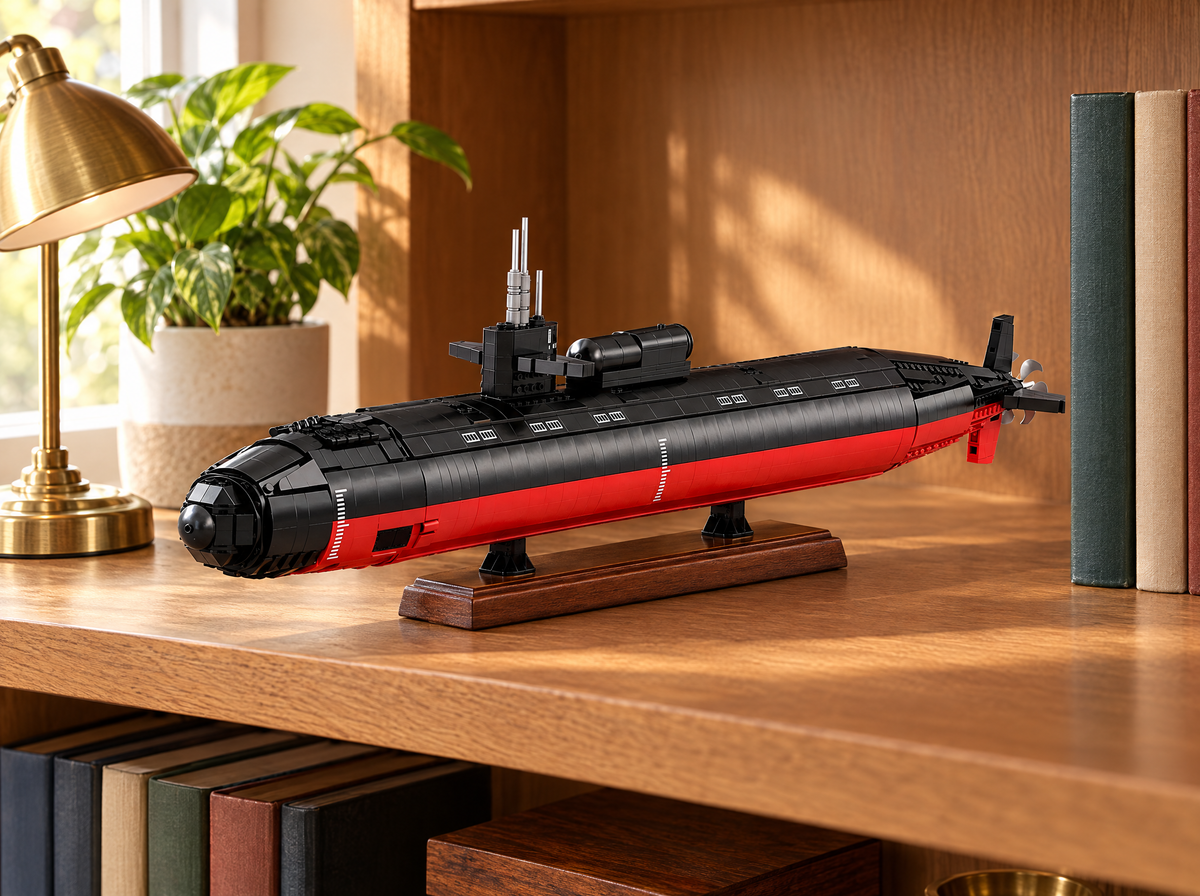 Model submarine on a wooden bookshelf beside books and a desk lamp