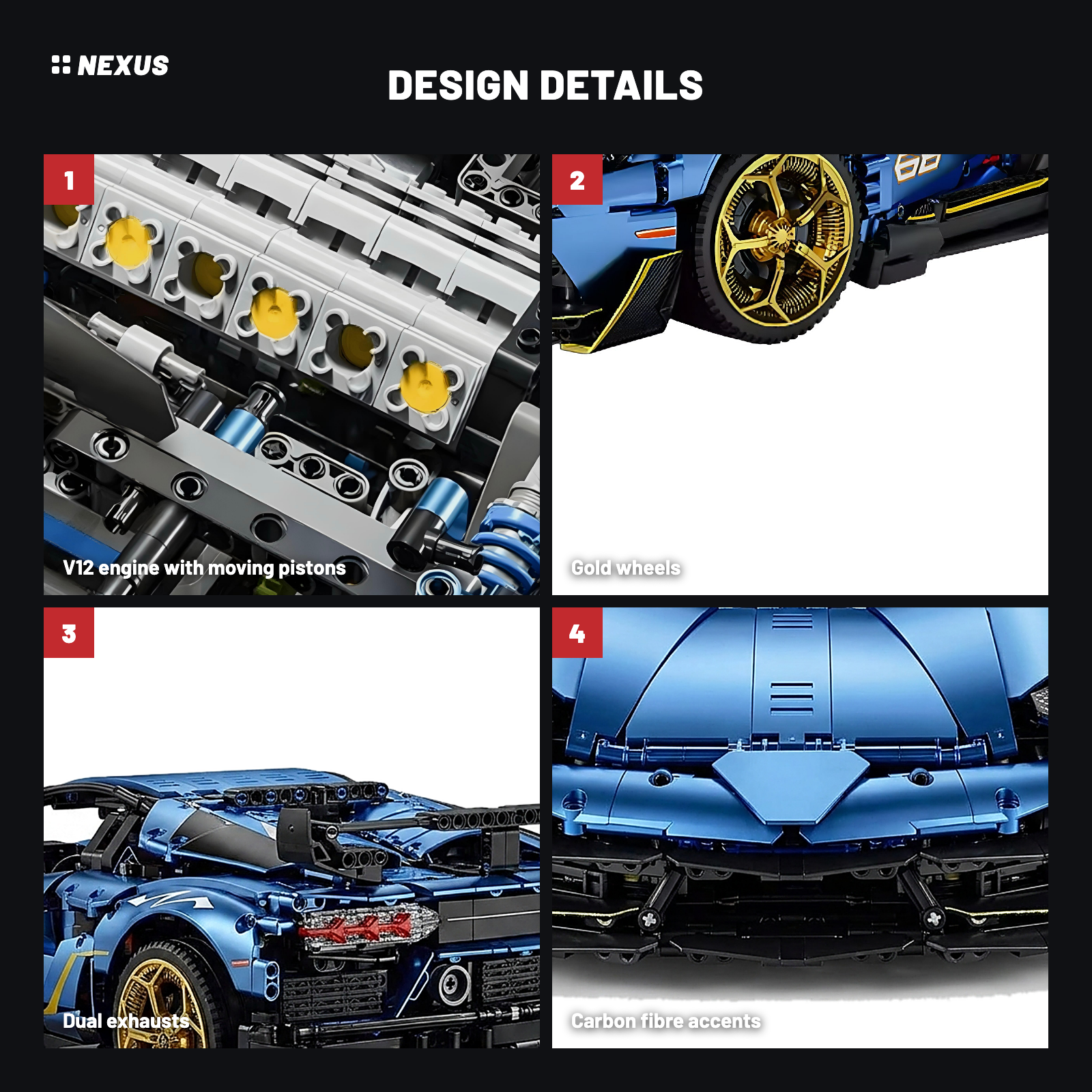 Design details: V12 engine, gold wheels, dual exhausts, carbon fibre accents