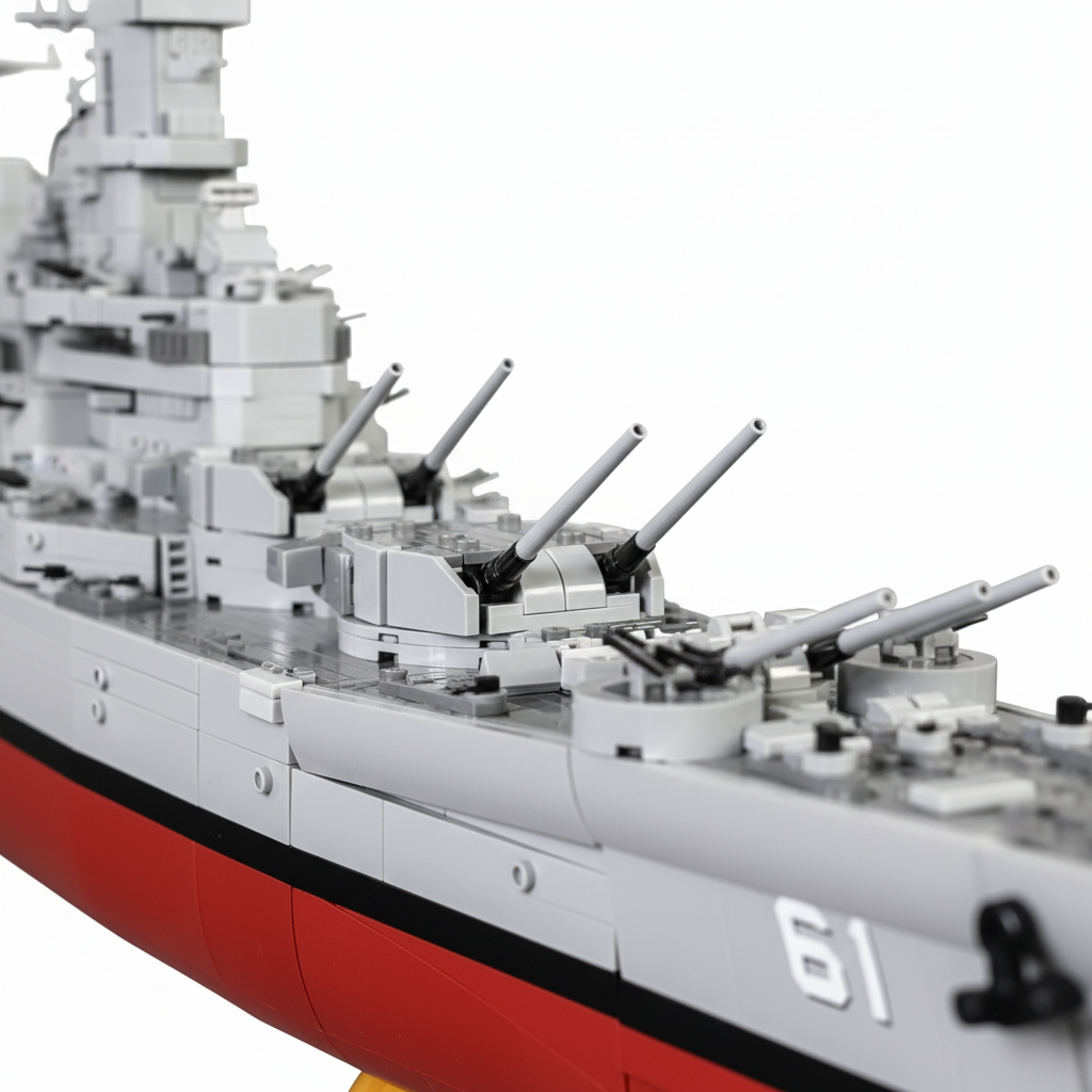 USS Iowa BB-61 Battleship brick set, bow turret macro detail