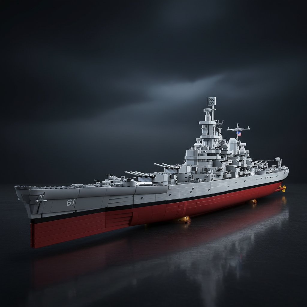 USS Iowa BB-61 Battleship brick set, cinematic dark display view