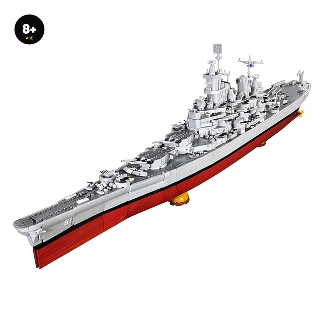 USS Iowa BB-61 brick battleship model, white studio hero view, age 8+