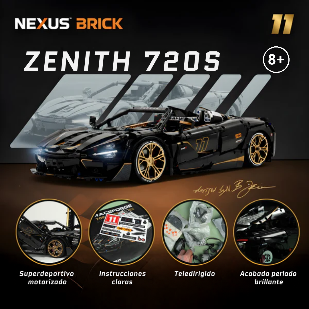 Resumen del set Zenith 720S a escala 1:8: superdeportivo motorizado, instrucciones claras, teledirigido y acabado perlado brillante